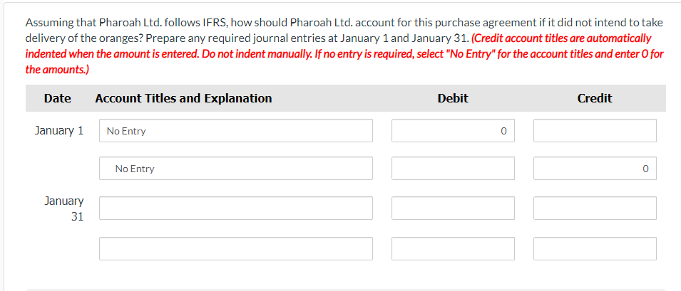 Assuming that Pharoah Ltd. follows IFRS, how should Pharoah Ltd. account for this purchase agreement if it did not intend to take
delivery of the oranges? Prepare any required journal entries at January 1 and January 31. (Credit account titles are automatically
indented when the amount is entered. Do not indent manually. If no entry is required, select "No Entry" for the account titles and enter O for
the amounts.)
Date Account Titles and Explanation
Debit
Credit
January 1
No Entry
0
January
31
No Entry
0