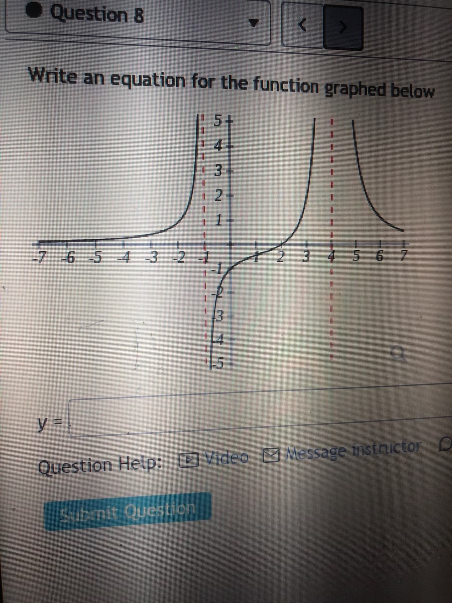 • Question 8
Write an equation for the function graphed below
1.3
12
-76 -5 4-3 -2
2 3
15
y =
Question Help:
DVideo Message instructor D
Submit Question
