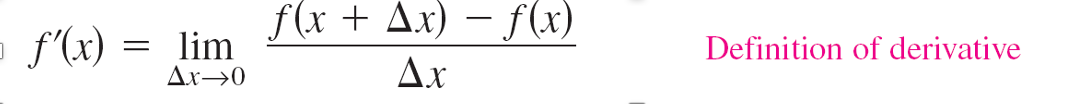 f(x + Ax) – f(x)
|
o f(x)
lim
Ax→0
Definition of derivative
Ax
