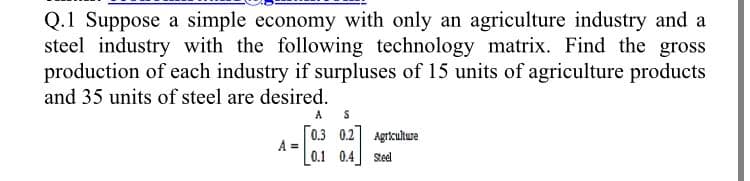 Q.1 Suppose a simple economy with only an agriculture industry and a
steel industry with the following technology matrix. Find the gross
production of each industry if surpluses of 15 units of agriculture products
and 35 units of steel are desired.
A S
0.3 0.2 Agrikultwe
0.1 0.4] Steel
A =

