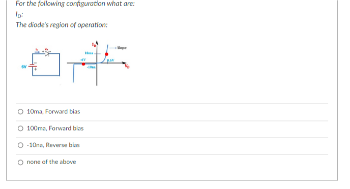 For the following configuration what are:
ID:
The diode's region of operation:
10ma
4V
04
6V
10ma, Forward bias
100ma, Forward bias
-10na, Reverse bias
none of the above
-Slope