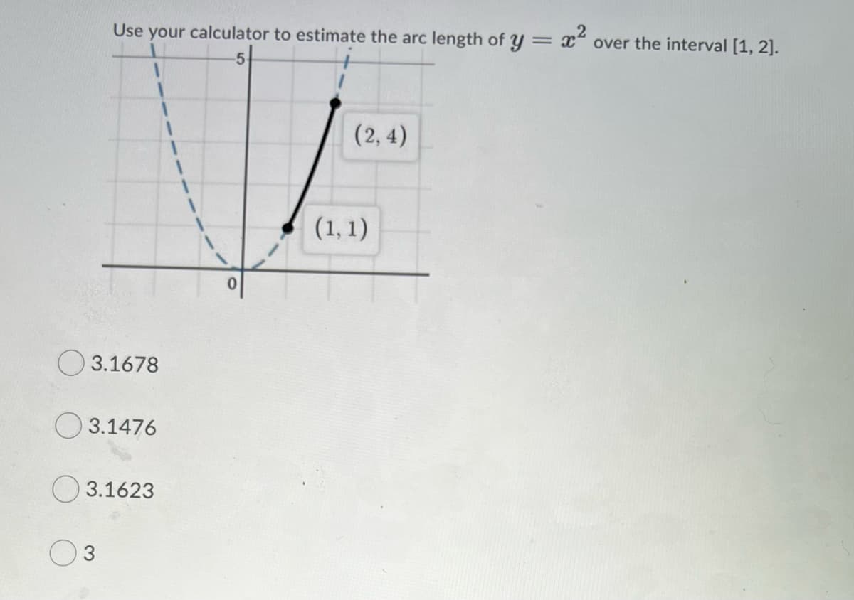 Use your calculator to estimate the arc length of y = x“ over the interval [1, 2].
5-
(2, 4)
(1, 1)
O 3.1678
O 3.1476
O 3.1623
3
