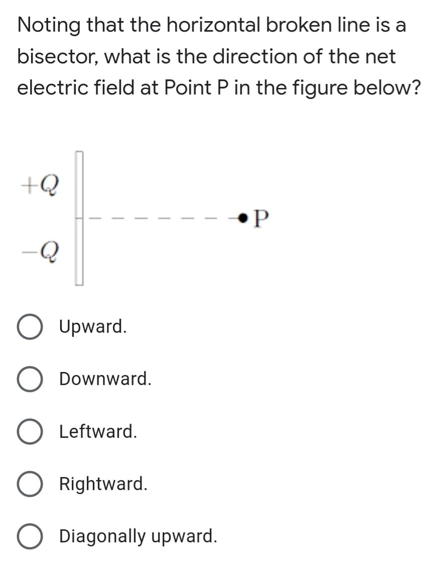 Noting that the horizontal broken line is a
bisector, what is the direction of the net
electric field at Point P in the figure below?
+Q
Upward.
Downward.
Leftward.
Rightward.
Diagonally upward.
