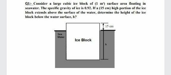 Q1: Consider a large cubic ice block of (1 m) surface area floating in
seawater. The specifie gravity of ice is 0.92. If a (15 cm) high portion of the ice
block extends above the surface of the water, determine the height of the ice
block below the water surface, h?
15 em
Sea
Water
Ice Block
