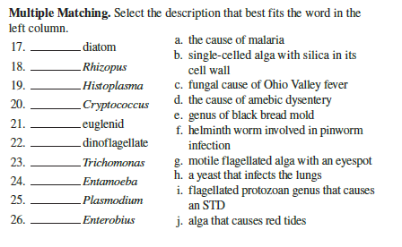 Multiple Matching. Select the description that best fits the word in the
left column.
a. the cause of malaria
17.
diatom
b. single-celled alga with silica in its
cell wall
c. fungal cause of Ohio Valley fever
d. the cause of amebic dysentery
18.
- Rhizopus
19.
Histoplasma
20.
Cryptococcus
e. genus of black bread mold
f. helminth worm involved in pinworm
infection
g. motile flagellated alga with an eyespot
h. a yeast that infects the lungs
i. flagellated protozoan genus that causes
21.
Leuglenid
22.
dinoflagellate
23.
Trichomonas
24.
.Entamoeba
25.
„Plasmodium
an STD
26.
L
Enterobius
j. alga that causes red tides

