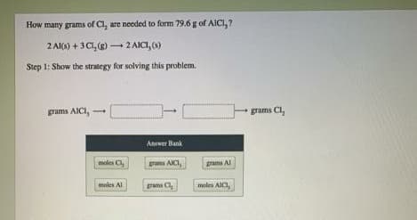 How many grams of Cl, are needed to form 79.6 g of AICI, ?
2 Al(S) + 3C1, ) -2 AICI, ()
Step 1: Show the strategy for solving this problem.
grams AICI,
grams Cl,
Answer Bank
moles Cl
grams AICI,
prams Al
moles Al
grams C
moles AICI,
