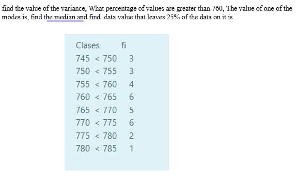 find the value of the variance, What percentage of values are greater than 760, The value of one of the
modes is, find the median and find data value that leaves 25% of the data on it is
Clases
fi
745 < 750
3
750 < 755
3
755 < 760
4
760 < 765
765 < 770
770 < 775
6.
775 < 780
780 < 785
1
