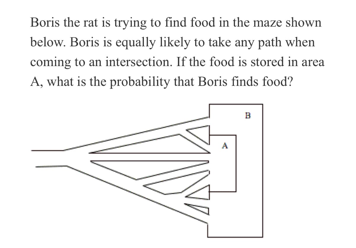 Boris the rat is trying to find food in the maze shown
below. Boris is equally likely to take any path when
coming to an intersection. If the food is stored in area
A, what is the probability that Boris finds food?
B
