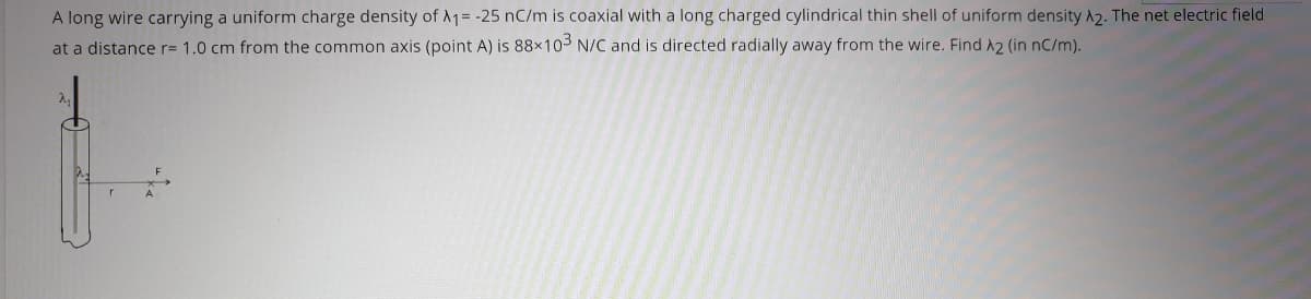 A long wire carrying a uniform charge density of A1= -25 nC/m is coaxial with a long charged cylindrical thin shell of uniform density A2. The net electric field
at a distance r= 1.0 cm from the common axis (point A) is 88x103 N/C and is directed radially away from the wire. Find A2 (in nC/m).
