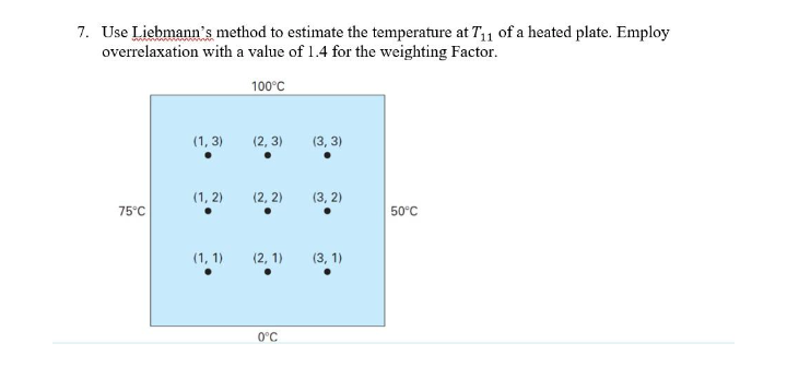 7. Use Liebmann's method to estimate the temperature at T1 of a heated plate. Employ
overrelaxation with a value of 1.4 for the weighting Factor.
100°C
(1, 3)
(2, 3)
(3, 3)
(1, 2)
(2, 2)
(3, 2)
75°C
50°C
(1, 1)
(2, 1)
(3, 1)
0°C
