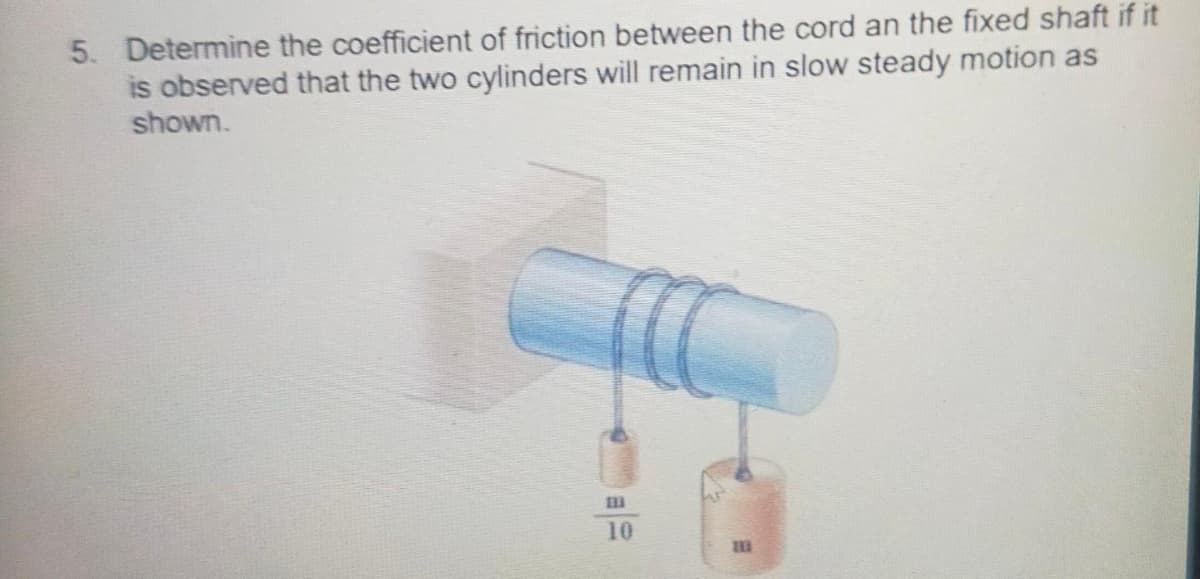 5. Determine the coefficient of friction between the cord an the fixed shaft if it
is observed that the two cylinders will remain in slow steady motion as
shown.
10
