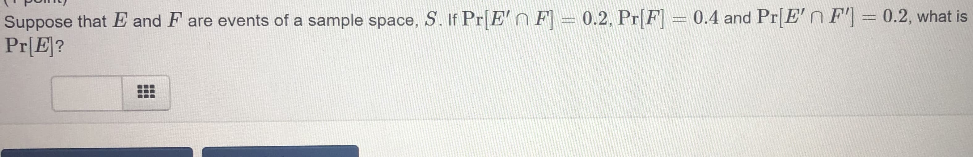 Suppose that E and F are events of a sample space, S. If Pr[E' nF = 0.2, Pr[F] = 0.4 and Pr[E' n F'] = 0.2, what is
Pr[E?
