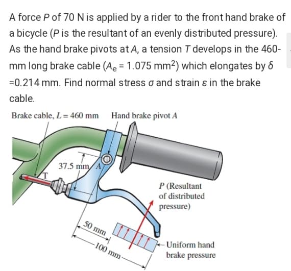 A force P of 70 N is applied by a rider to the front hand brake of
a bicycle (P is the resultant of an evenly distributed pressure).
As the hand brake pivots at A, a tension T develops in the 460-
mm long brake cable (Ae = 1.075 mm2) which elongates by 6
=0.214 mm. Find normal stress o and strain ɛ in the brake
cable.
Brake cable, L = 460 mm Hand brake pivot A
37.5 mm/ A
P (Resultant
of distributed
pressure)
50 mm
Uniform hand
-100 mm
brake pressure
