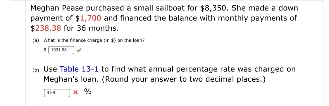 Meghan Pease purchased a small sailboat for $8,350. She made a down
payment of $1,700 and financed the balance with monthly payments of
$238.38 for 36 months.
(a) What is the finance charge (in $) on the loan?
2$
1931.68
(b) Use Table 13-1 to find what annual percentage rate was charged on
Meghan's loan. (Round your answer to two decimal places.)
x %
9.68
