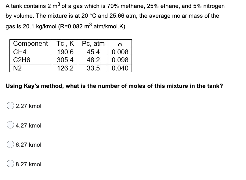 A tank contains 2 m³ of a gas which is 70% methane, 25% ethane, and 5% nitrogen
by volume. The mixture is at 20 °C and 25.66 atm, the average molar mass of the
gas is 20.1 kg/kmol (R=0.082 m³.atm/kmol.K)
Component
CH4
C2H6
N2
) 2.27 kmol
Using Kay's method, what is the number of moles of this mixture in the tank?
4.27 kmol
6.27 kmol
Tc, K
Pc, atm
190.6
45.4
305.4
48.2
126.2 33.5
8.27 kmol
00
0.008
0.098
0.040