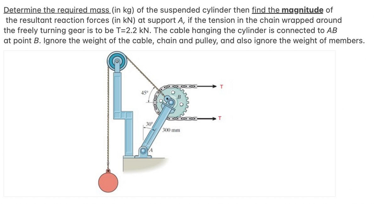 Determine the required mass (in kg) of the suspended cylinder then find the magnitude of
the resultant reaction forces (in kN) at support A, if the tension in the chain wrapped around
the freely turning gear is to be T=2.2 kN. The cable hanging the cylinder is connected to AB
at point B. Ignore the weight of the cable, chain and pulley, and also ignore the weight of members.
450
30°
300 mm
T