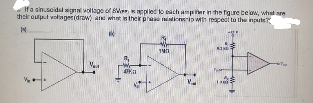 If a sinusoidal signal voltage of 8V(PP) is applied to each amplifier in the figure below, what are
their output voltages(draw) and what is their phase relationship with respect to the inputs?(
+15 V
(a)
(b)
R
8.2 ki
1MO
R,
V.
out
47KO
Vout
R
1.0 kn
Vin
