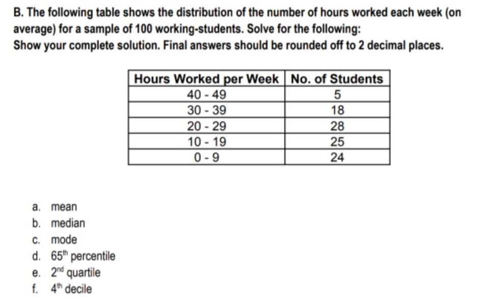 B. The following table shows the distribution of the number of hours worked each week (on
average) for a sample of 100 working-students. Solve for the following:
Show your complete solution. Final answers should be rounded off to 2 decimal places.
Hours Worked per Week No. of Students
40 - 49
30 - 39
18
20 - 29
28
10 - 19
0-9
25
24
a. mean
b. median
C. mode
d. 65h percentile
e. 2nd quartile
f. 4h decile
