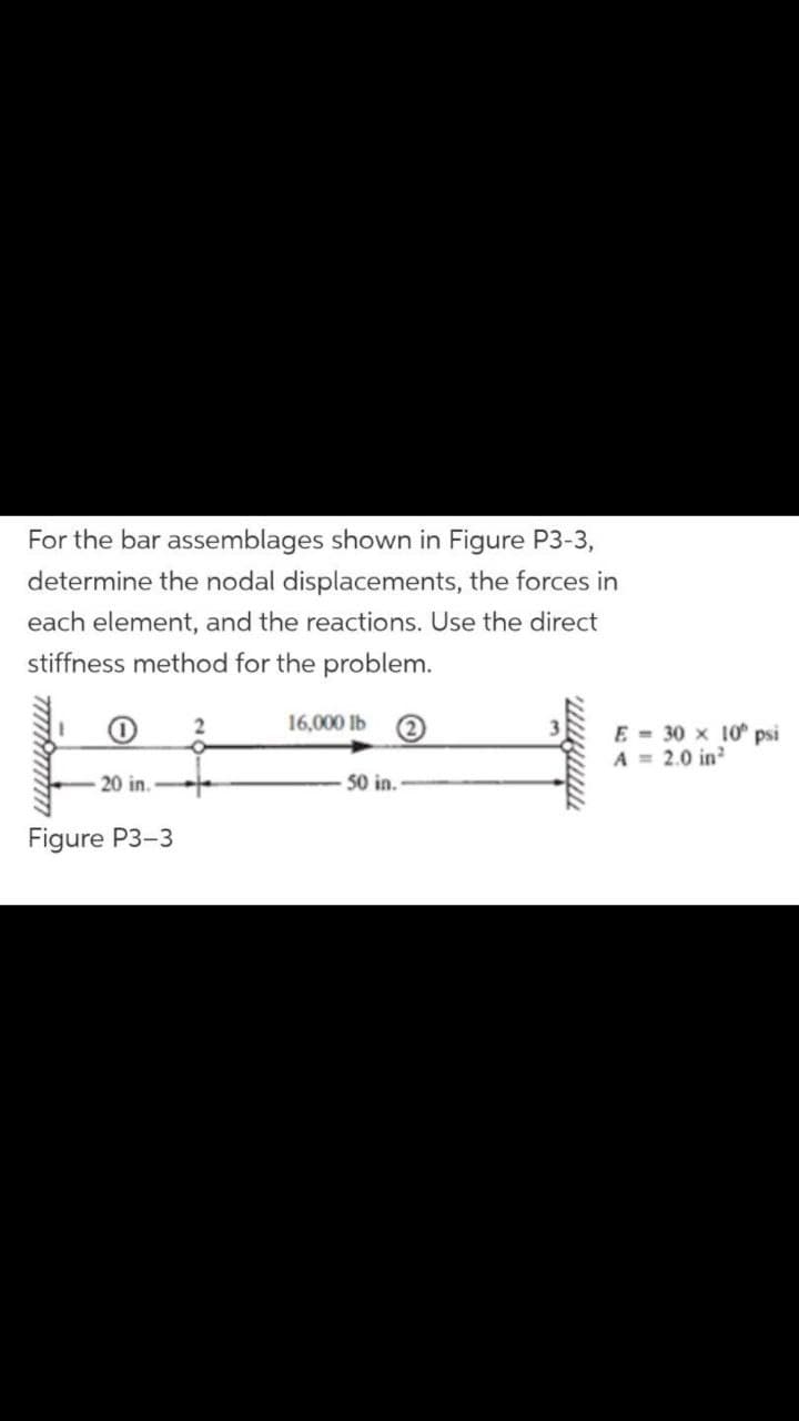 For the bar assemblages shown in Figure P3-3,
determine the nodal displacements, the forces in
each element, and the reactions. Use the direct
stiffness method for the problem.
16,000 Ib
2
E - 30 x 10 psi
A = 2.0 in?
20 in.
50 in.
Figure P3-3

