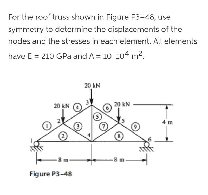 For the roof truss shown in Figure P3-48, use
symmetry to determine the displacements of the
nodes and the stresses in each element. All elements
have E = 210 GPa and A = 10 104 m2.
20 kN
20 kN
20 kN
4 m
80
8 m
-8 m
Figure P3-48
