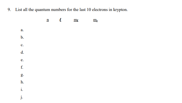 9. List all the quantum numbers for the last 10 electrons in krypton.
me
а.
b.
с.
d.
е.
f.
g.
h.
i.
j.
