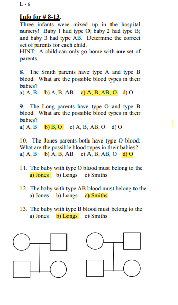 L-6
Info for # 8-13.
Three infants were mixed up in the hospital
nursery! Baby I had type O; baby 2 had type B;
and baby 3 had type AB. Determine the correct
set of parents for each child.
HINT: A child can only go home with one set of
parents.
8. The Smith parents have type A and type B
blood. What are the possible blood types in their
babies?
a) A, B
b) A, B, AB c) A, B, AB, O d) o
9. The Long parents have type O and type B
blood. What are the possible blood types in their
babies?
a) A, B b) B, O c) A, B, AB, O d) O
10. The Jones parents both have type O blood.
What are the possible blood types in their babies?
a) A, B b) A, B, AB c) A, B, AB, 0 d) O
11. The baby with type O blood must belong to the
a) Jones b) Longs c) Smiths
12. The baby with type AB blood must belong to the
a) Jones b) Longs e) Smiths
13. The baby with type B blood must belong to the
a) Jones b) Longs c) Smiths
19 818