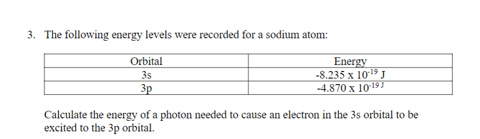 3. The following energy levels were recorded for a sodium atom:
Orbital
Energy
-8.235 x 10-19 J
-4.870 x 10-19J
3s
3p
Calculate the energy of a photon needed to cause an electron in the 3s orbital to be
excited to the 3p orbital.
