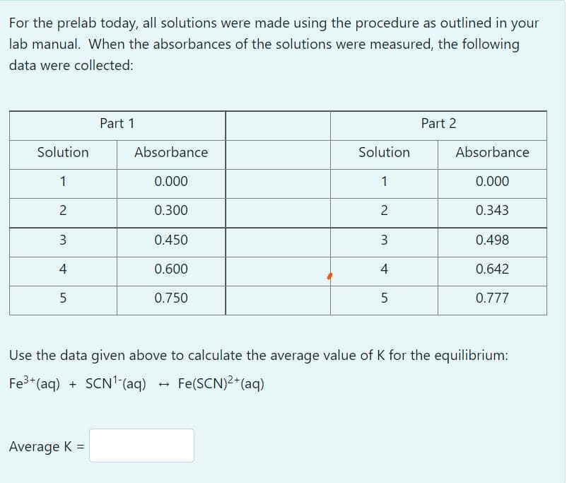 For the prelab today, all solutions were made using the procedure as outlined in your
lab manual. When the absorbances of the solutions were measured, the following
data were collected:
Part 1
Part 2
Solution
Absorbance
Solution
Absorbance
1
0.000
1
0.000
2
0.300
2
0.343
0.450
0.498
4
0.600
0.642
0.750
5
0.777
Use the data given above to calculate the average value of K for the equilibrium:
Fe* (aq) + SCN' (aq) - Fe(SCN)2*(aq)
Average K =
3.
4-
3.
