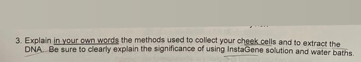3. Explain in your own words the methods used to collect your cheek cells and to extract the
DNA. Be sure to clearly explain the significance of using InstaGene solution and water baths
