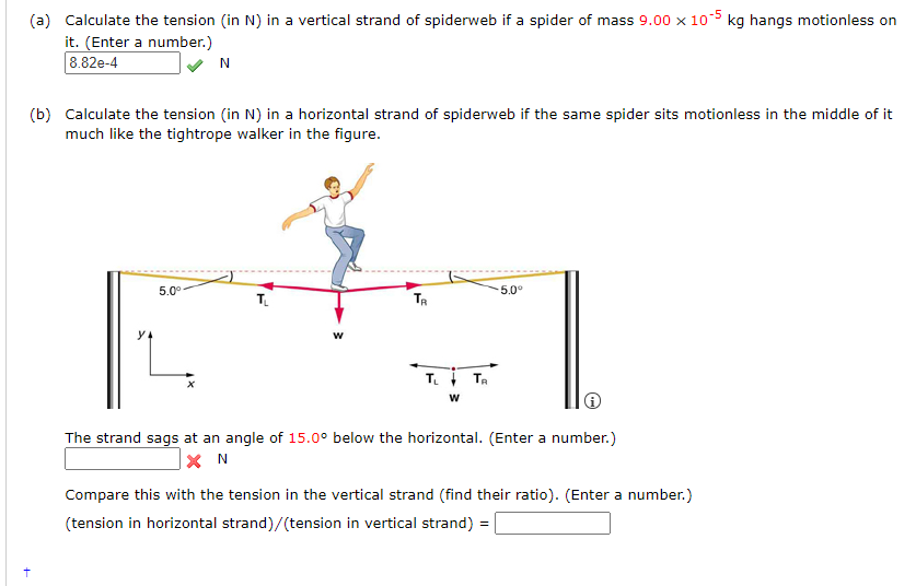 (a) Calculate the tension (in N) in a vertical strand of spiderweb if a spider of mass 9.00 x 105 kg hangs motionless on
it. (Enter a number.)
8.82e-4
(b) Calculate the tension (in N) in a horizontal strand of spiderweb if the same spider sits motionless in the middle of it
much like the tightrope walker in the figure.
5.0°
5.0°
T.
TR
TI TR
w
The strand sags at an angle of 15.0° below the horizontal. (Enter a number.)
Compare this with the tension in the vertical strand (find their ratio). (Enter a number.)
(tension in horizontal strand)/(tension in vertical strand) =
