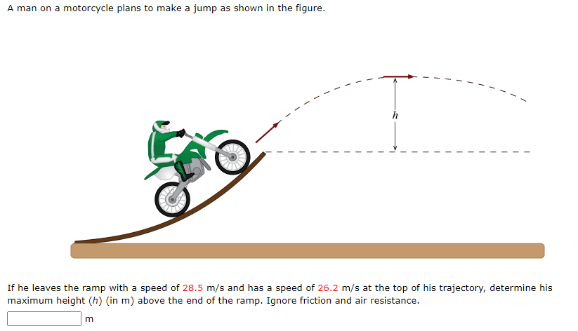 A man on a motorcycle plans to make a jump as shown in the figure.
If he leaves the ramp with a speed of 28.5 m/s and has a speed of 26.2 m/s at the top of his trajectory, determine his
maximum height (h) (in m) above the end of the ramp. Ignore friction and air resistance.
