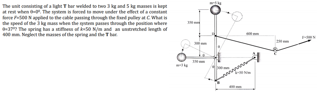 m=5 kg
The unit consisting of a light T bar welded to two 3 kg and 5 kg masses is kept
at rest when 0=0°. The system is forced to move under the effect of a constant
force F=500 N applied to the cable passing through the fixed pulley at C. What is
the speed of the 3 kg mass when the system passes through the position where
0=37°? The spring has a stiffness of k=50 N/m and an unstretched length of
400 mm. Neglect the masses of the spring and the T bar.
350 mm
600 mm
F=500 N
250 mm
300 mm
350 mm
m=3 kg
300 mm
k=50 N/m
400 mm

