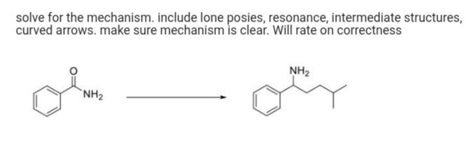 solve for the mechanism. include lone posies, resonance, intermediate structures,
curved arrows. make sure mechanism is clear. Will rate on correctness
NH2
`NH2
