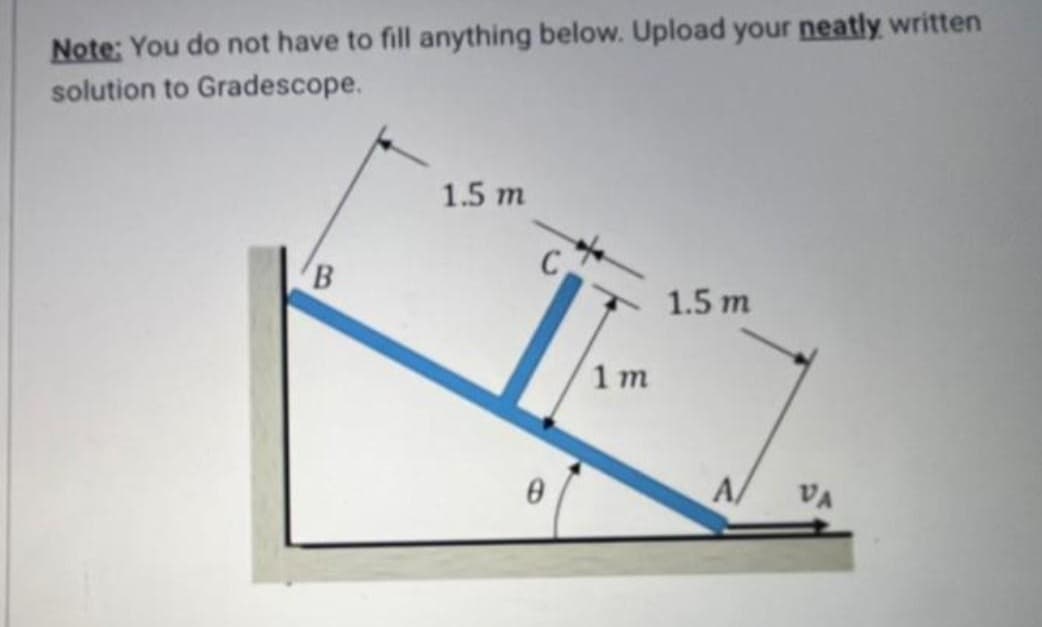 Note: You do not have to fill anything below. Upload your neatly written
solution to Gradescope.
B
1.5 m
C
0
1m
1.5 m
A/
VA