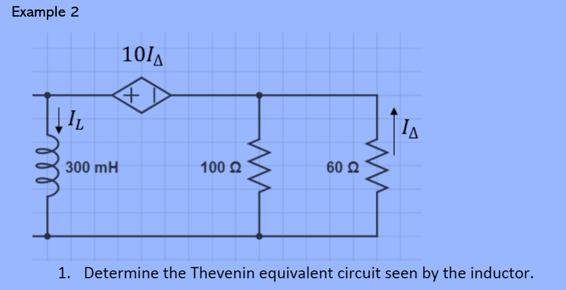 Example 2
IL
300 mH
101A
+
100 Ω
m
60 Ω
TA
1. Determine the Thevenin equivalent circuit seen
by the inductor.
