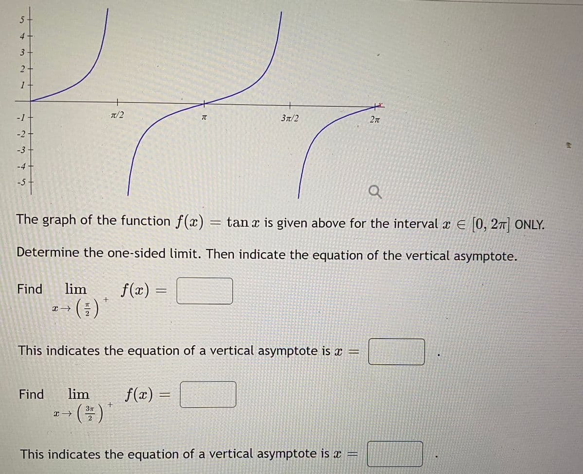 4 +
1
-1-
T/2
37/2
TC
2Tt
-2+
-3 +
-4 +
-5
The graph of the function f(x) = tan x is given above for the interval x E 0, 27| ONLY.
Determine the one-sided limit. Then indicate the equation of the vertical asymptote.
Find
lim
f(x) =
This indicates the equation of a vertical asymptote is x ==
f(x) =|
Find
lim
2
This indicates the equation of a vertical asymptote is =
3.
