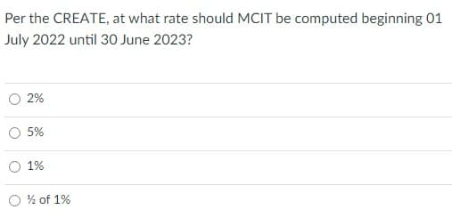 Per the CREATE, at what rate should MCIT be computed beginning 01
July 2022 until 30 June 2023?
2%
5%
1%
O % of 1%
