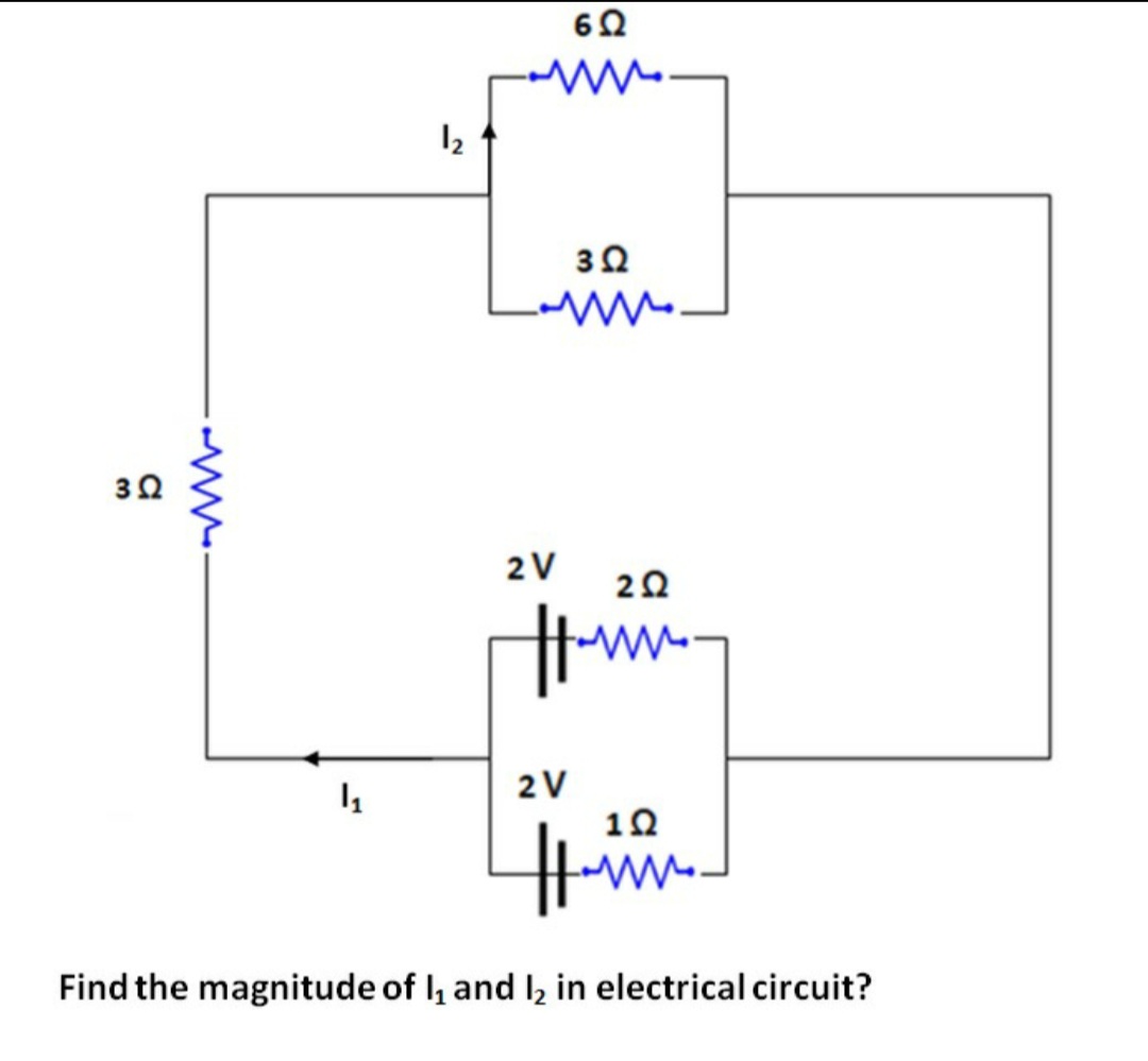 62
2V
2V
12
Find the magnitude of I, and I, in electrical circuit?
