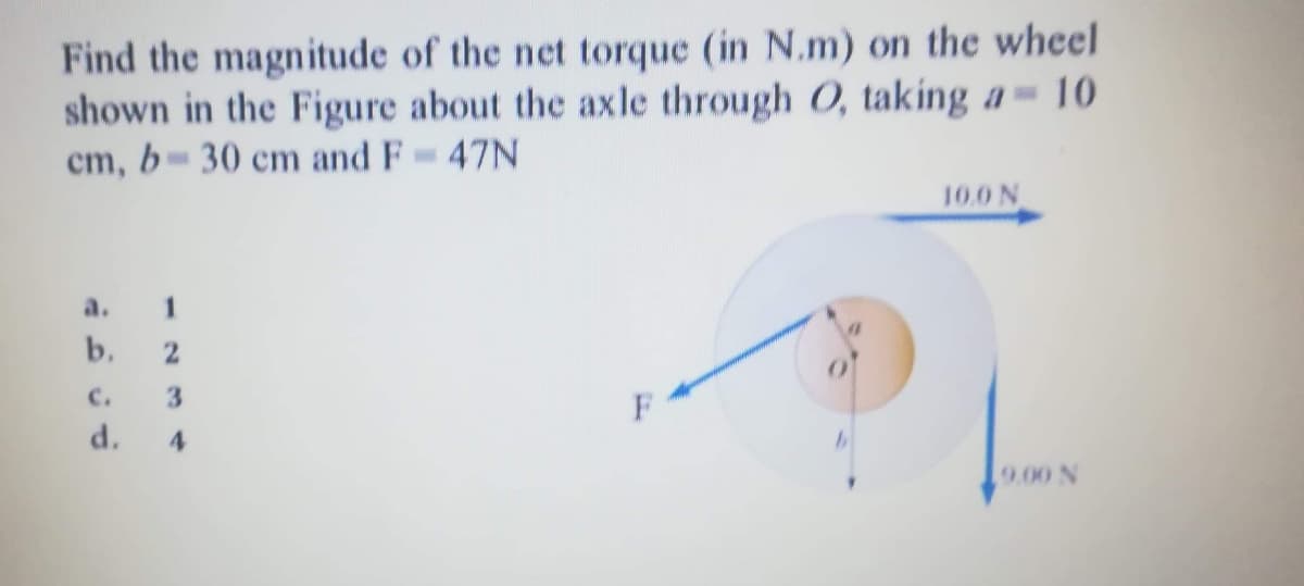 Find the magnitude of the net torque (in N.m) on the wheel
shown in the Figure about the axle through O, taking a= 10
cm, b 30 cm and F 47N
10.0 N
a.
1
b.
C.
3
F
d.
9.00 N
