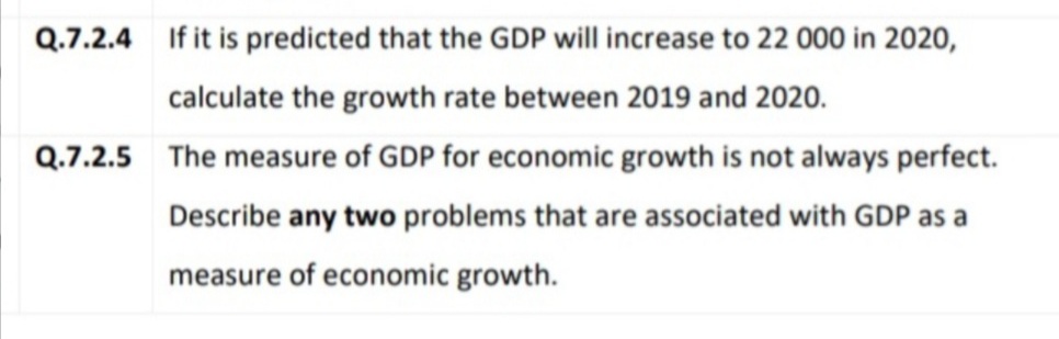 Q.7.2.4 If it is predicted that the GDP will increase to 22 000 in 2020,
calculate the growth rate between 2019 and 2020.
Q.7.2.5 The measure of GDP for economic growth is not always perfect.
Describe any two problems that are associated with GDP as a
measure of economic growth.
