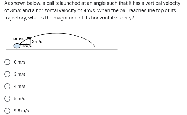 As shown below, a ball is launched at an angle such that it has a vertical velocity
of 3m/s and a horizontal velocity of 4m/s. When the ball reaches the top of its
trajectory, what is the magnitude of its horizontal velocity?
5m/s
3m/s
4m/s
O m/s
O 3 m/s
O 4 m/s
5 m/s
O 9.8 m/s
