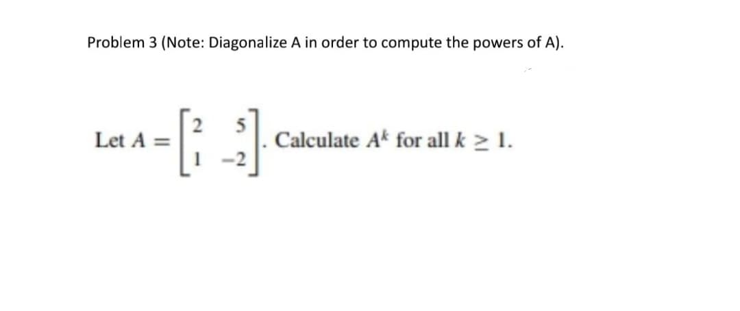 Problem 3 (Note: Diagonalize A in order to compute the powers of A).
Let A =
Calculate Ak for all k ≥ 1.