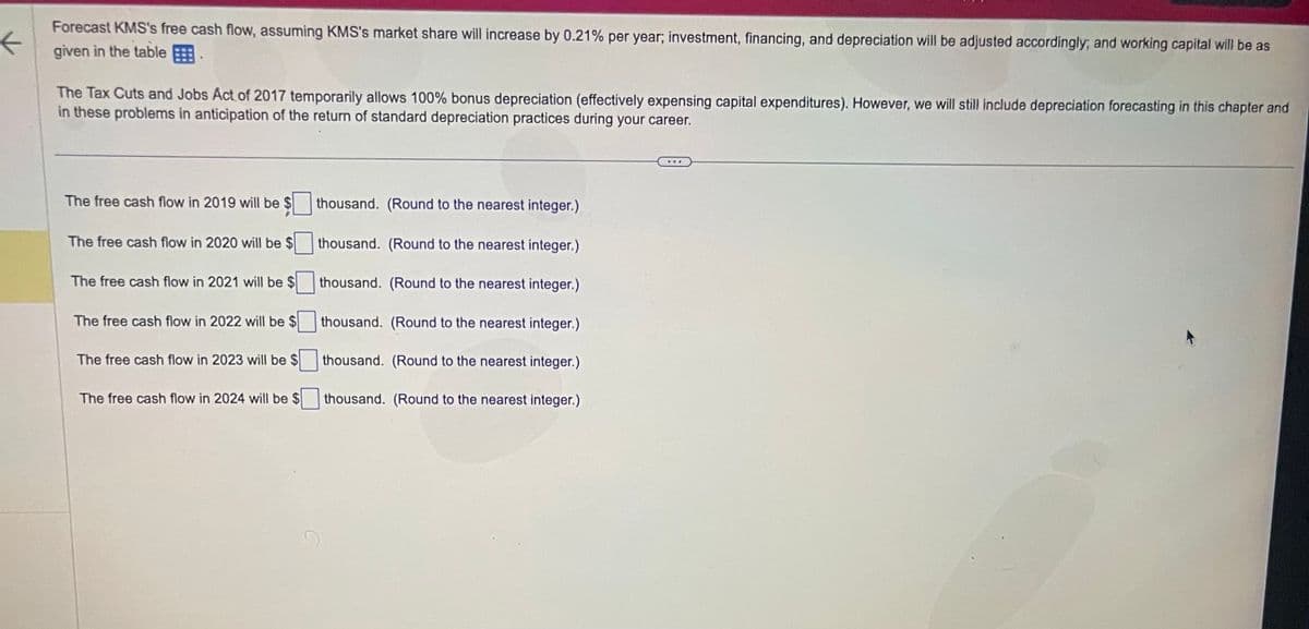 ←
Forecast KMS's free cash flow, assuming KMS's market share will increase by 0.21% per year; investment, financing, and depreciation will be adjusted accordingly; and working capital will be as
given in the table.
The Tax Cuts and Jobs Act of 2017 temporarily allows 100% bonus depreciation (effectively expensing capital expenditures). However, we will still include depreciation forecasting in this chapter and
in these problems in anticipation of the return of standard depreciation practices during your career.
The free cash flow in 2019 will be $
The free cash flow in 2020 will be $
The free cash flow in 2021 will be $
The free cash flow in 2022 will be $
The free cash flow in 2023 will be $
The free cash flow in 2024 will be $
thousand. (Round to the nearest integer.)
thousand. (Round to the nearest integer.)
thousand. (Round to the nearest integer.)
thousand. (Round to the nearest integer.)
thousand. (Round to the nearest integer.)
thousand. (Round to the nearest integer.)