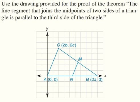Use the drawing provided for the proof of the theorem "The
line segment that joins the midpoints of two sides of a trian-
gle is parallel to the third side of the triangle."
y
C (2b, 2c)
M
A(0, 0)
в (2а, 0)
