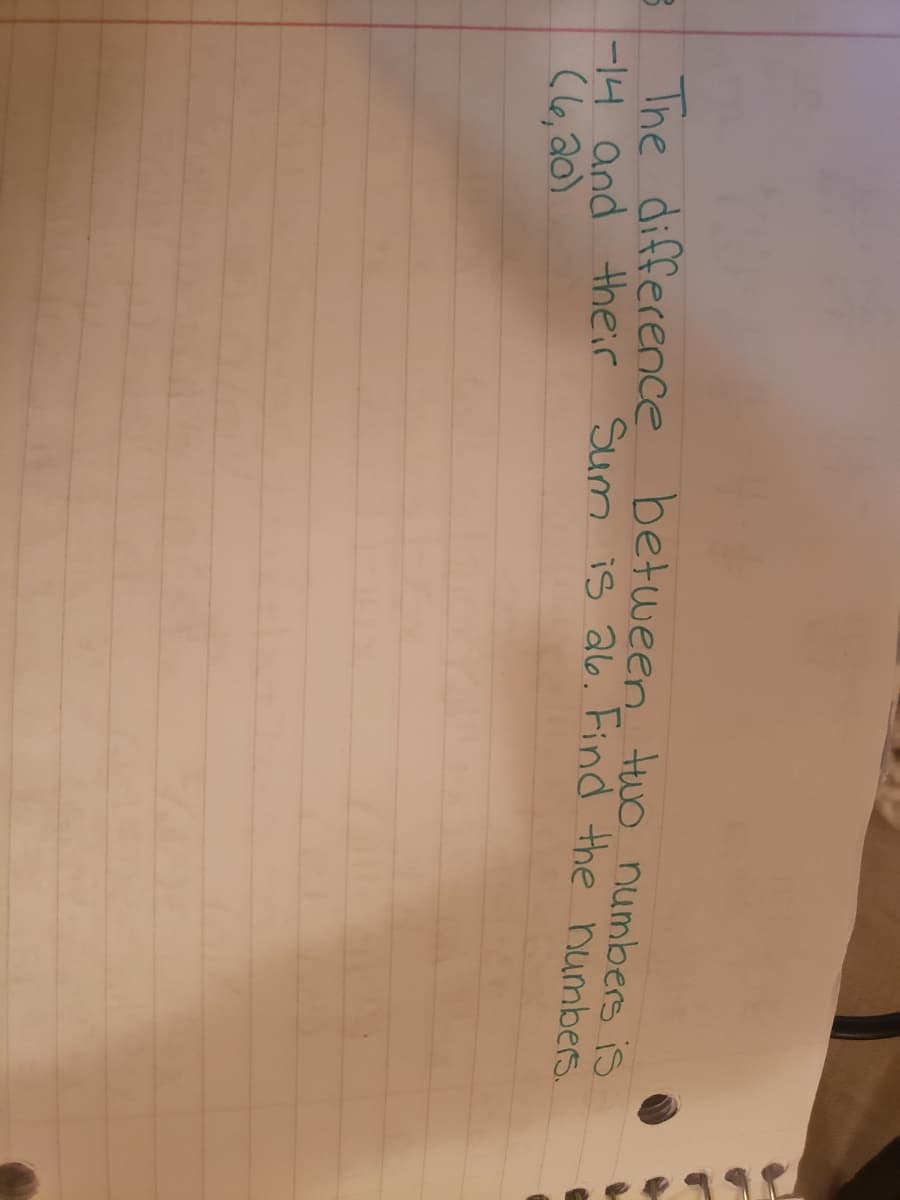 E The difference between two numbers is
-14 and their Sum is a6. Find the numbes.
Cle, 20)
