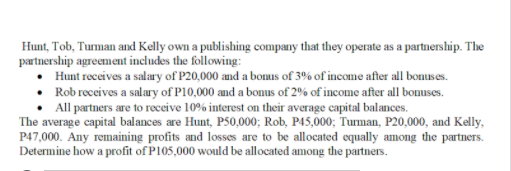 Hunt, Tob, Turman and Kelly own a publishing company that they operate as a partnership. The
partnership agreement includes the following:
• Hunt receives a salary of P20,000 and a bonus of 3% of income after all bonuses.
• Rob receives a salary of P10,000 and a bonus of 2% of income after all bonuses.
• All partners are to receive 10% interest on their average capital balances.
The average capital balances are Hunt, P50,000; Rob, P45,000; Turman, P20,000, and Kelly,
P47,000. Any remaining profits and losses are to be allocated equally among the partners.
Determine how a profit of P105,000 would be allocated among the partners.

