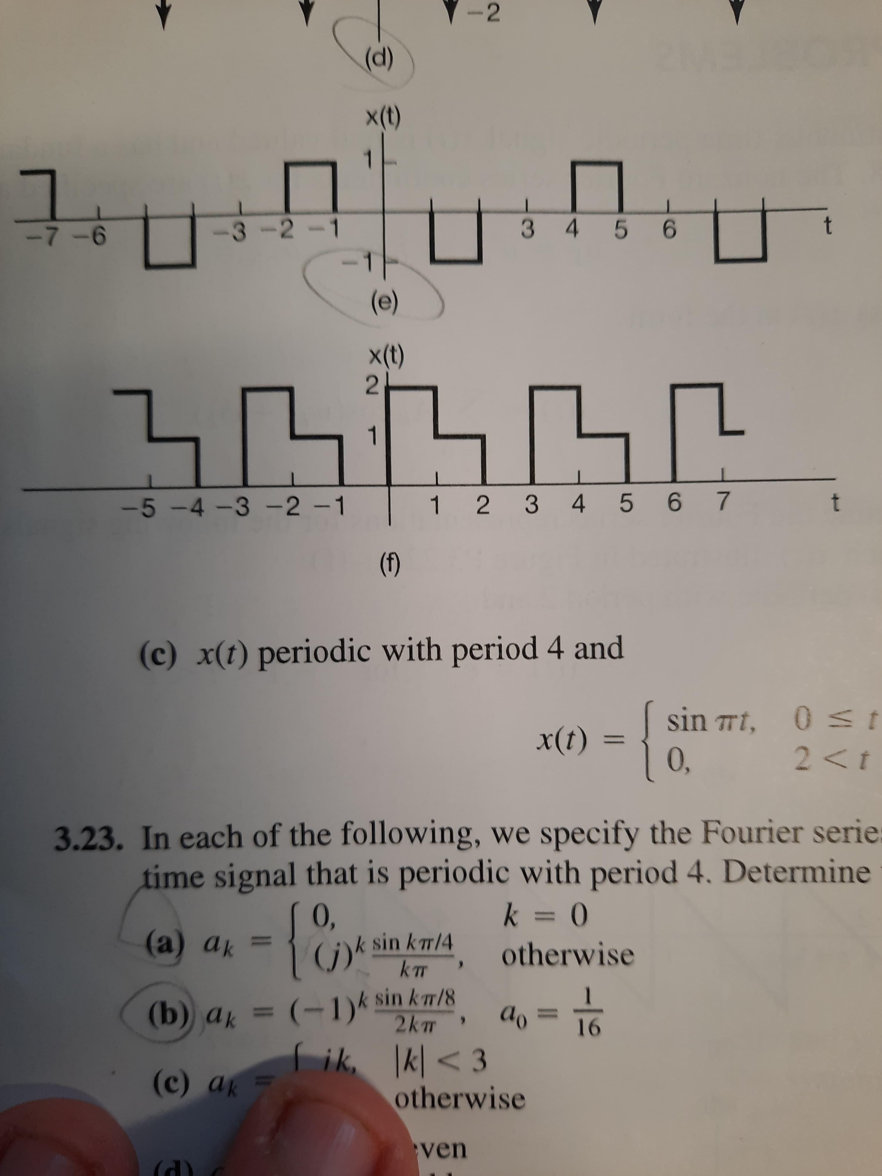 2.
(p)
-3-2-1
6.
3 4 5
9-6
(e)
11194
-5 -4 -3 -2 -1
1
2 3 4 5 6 7
()
(c) x(t) periodic with period 4 and
150 L UIS
%3D
(1)x
3.23. In each of the following, we specify the Fourier serie:
time signal that is periodic with period 4. Determine
- intri otherwise
0,
(j)k sin km/4
(a) ak =
sin k7/8
2km
p (q)
(b) ak
Lik,
%3D
%3D
21 = °p
k <3
otherwise
ven
(P)
