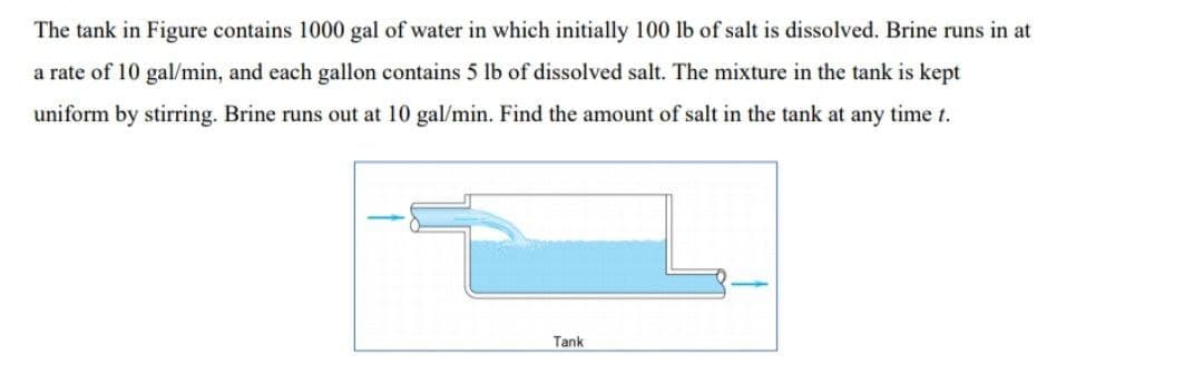 The tank in Figure contains 1000 gal of water in which initially 100 lb of salt is dissolved. Brine runs in at
a rate of 10 gal/min, and each gallon contains 5 lb of dissolved salt. The mixture in the tank is kept
uniform by stirring. Brine runs out at 10 gal/min. Find the amount of salt in the tank at any time t.
Tank

