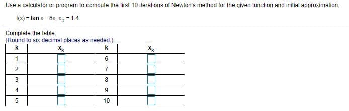 Use a calculator or program to compute the first 10 iterations of Newton's method for the given function and initial approximation.
f(x) = tan x- 6x, X, = 1.4
Complete the table.
(Round to six decimal places as needed.)
k
k.
1
2
7
3
8
4
9
10
