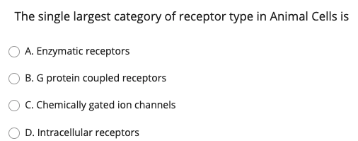 The single largest category of receptor type in Animal Cells is
A. Enzymatic receptors
B. G protein coupled receptors
C. Chemically gated ion channels
D. Intracellular receptors
